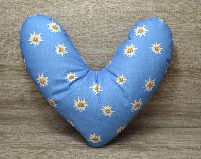 Heart pillow, chest heart pillow, mastectomy pillow, forearm pillow, breast surgery pillow, light blue with edelweiss, handmade