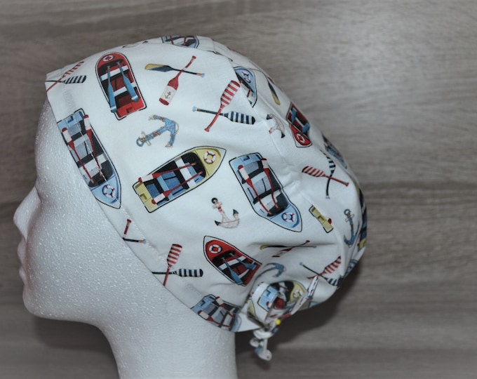 XL surgical cap boot for long hair, XL scrub cap, bandana, cosmetic cap, chef's cap, peeling cap, white with ships, handmade