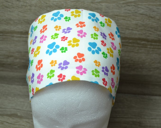 Surgical cap paw dog, scrub cap, bandana, cosmetic cap, peeling cap, chef's hat, surgical caps, white with colorful paws, handmade