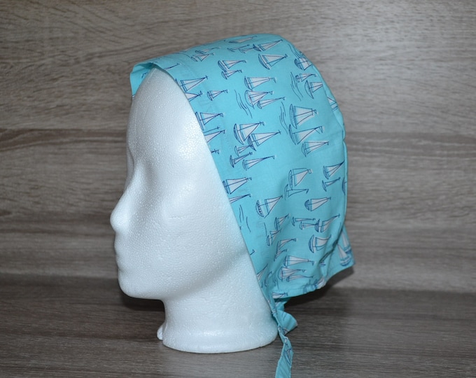 Surgical cap sailboat, scrub cap, bandana, cosmetic cap, chef's cap, peeling cap, blue with boats, ship's cap, handmade