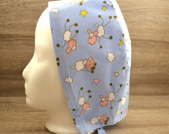 Surgical cap sheep terry band, scrub cap, cooking cap, bandana, peeling cap, cosmetic cap, surgical caps, light blue with sheep,