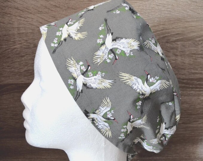 Surgical cap crane terry cloth band, bandana, peeling cap, scrub cap, cosmetic cap, cooking cap, surgical cap, grey with crane, handmade