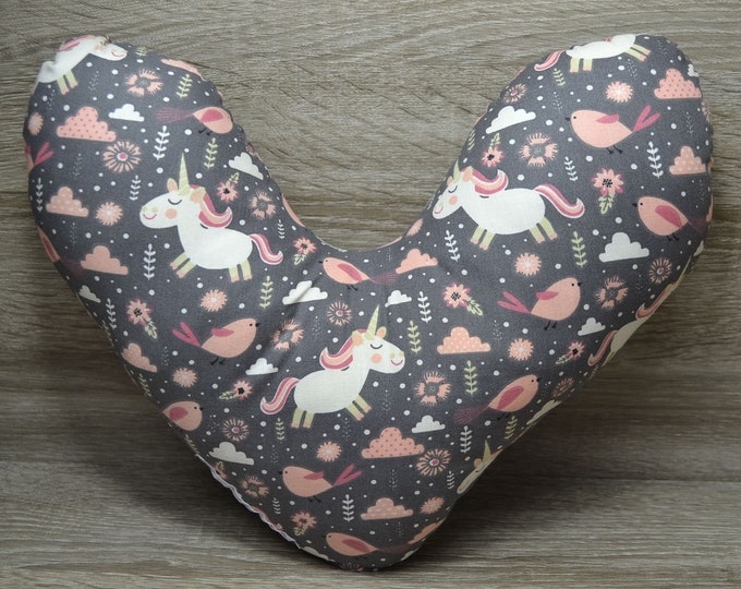 Unicorn heart pillow, breast heart pillow, mastectomy pillow, forearm pillow, breast surgery pillow, belt pillow, taupe with unicorn, handmade