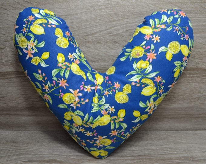 heart pillow, chest heart pillow, mastectomy pillow, forearm pillow, breast surgery pillow, blue with lemons, handmade