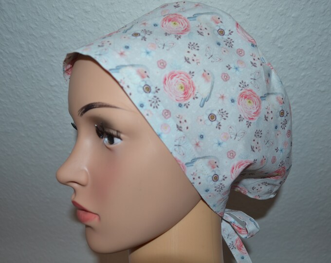 Surgical cap robin terry band, scrub cap, cosmetic cap, cooking cap, bandana, peeling cap, surgical caps, light gray with birds, handmade