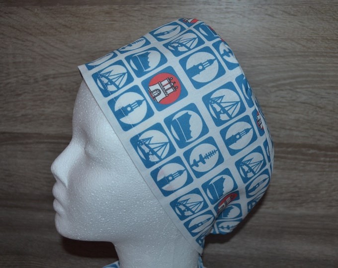 Surgical cap Hamburg terry cloth band, scrub cap, cosmetic cap, chef's cap, bandana, peeling cap, surgical caps, blue with Hamburg motifs, handmade