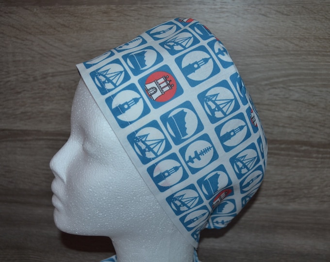 Surgical cap Hamburg terry cloth band, scrub cap, cosmetic cap, chef's cap, bandana, peeling cap, surgical caps, blue with Hamburg motifs, handmade