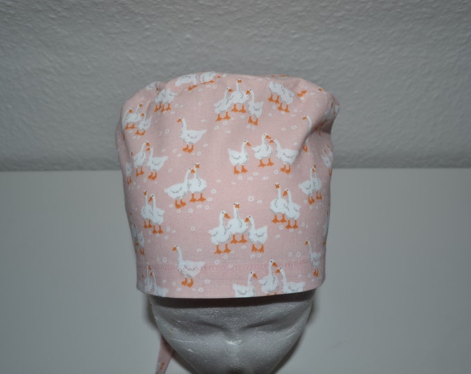 Surgical cap goose terry cloth band, scrub cap, chef's cap, bandana, peeling cap, cosmetic cap, surgical caps, old pink with geese, handmade