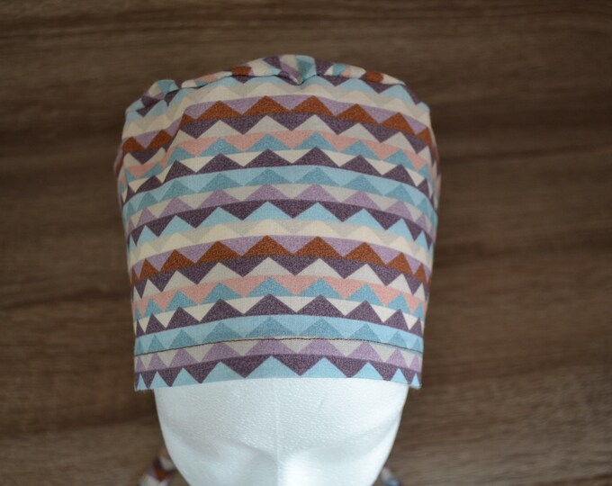 Surgical cap spikes terry cloth band, scrub cap, bandana, cosmetic cap, chef's hat, peeling cap, surgical caps, beige with zigzag pattern, handmade