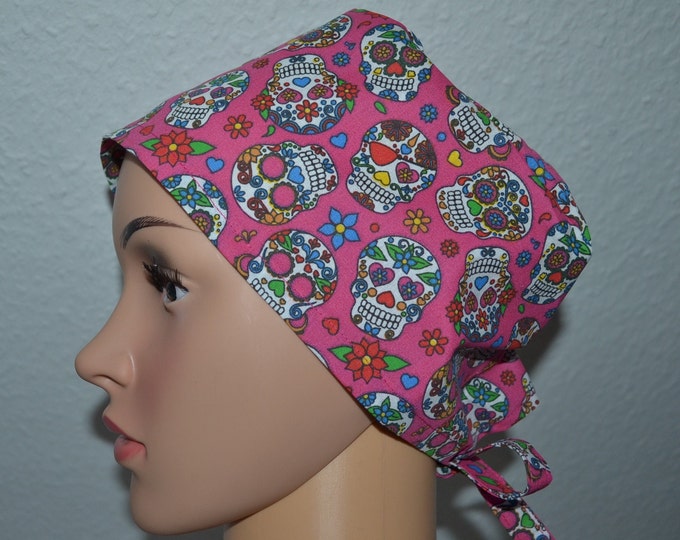 Surgical cap skull, scrub cap, cosmetic cap, cooking cap, bandana, peeling cap, surgical caps, pink with skulls, handmade