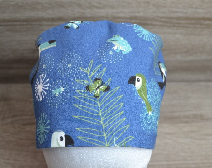 Surgical cap toucan, scrub cap, bandana, peeling cap, cosmetic cap, chef's hat, surgical caps, blue with toucans jungle, handmade