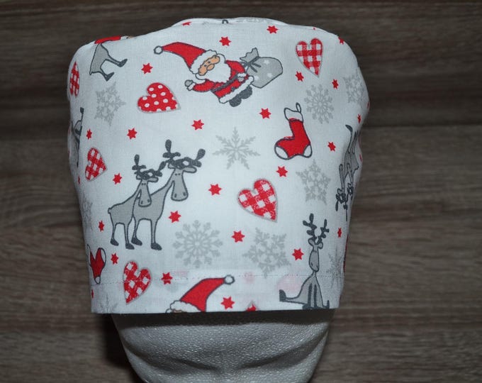 Surgical cap with Santa Claus and reindeer design, scrub cap, bandana, cosmetic cap, peeling cap, chef's hat, white with Santa Clauses and reindeer, Christmas surgical cap