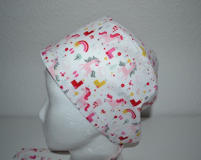 Surgical cap unicorn, scrub cap, bandana, cosmetic cap, chef's hat, peeling cap, surgical caps, white with small unicorns, handmade