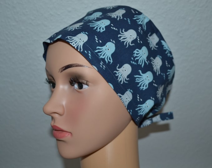 Surgical cap octopus terry cloth band, scrub cap, cosmetic cap, bandana, peeling cap, cooking cap, surgical cap maritime, dark blue with octopus,