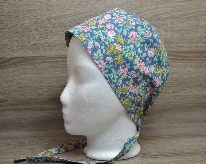 Surgical caps flowers, scrub cap, bandana, cosmetic cap, peeling cap, green with pink flowers, flower cap, chef's cap, handmade