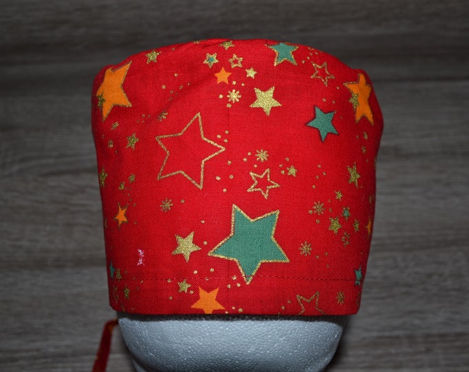 Surgical cap with Christmas star design, scrub cap, bandana, cosmetic cap, peeling cap, chef's hat, red with stars, Christmas surgical caps, star cap
