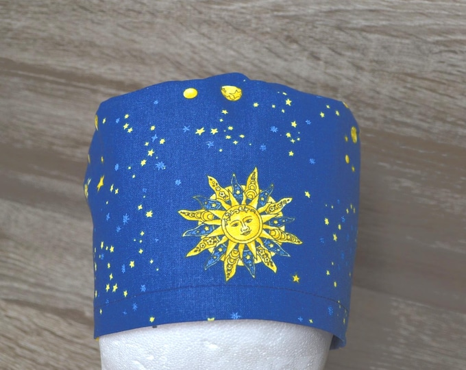 Surgical caps moon sun, scrub cap, bandana, peeling cap, cosmetic cap, blue with sun moon and stars, handmade