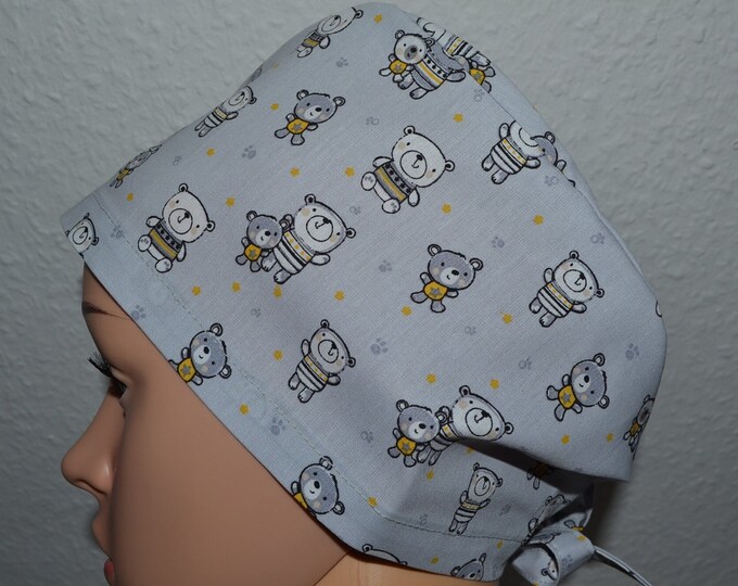 Surgical cap bear, scrub cap, bandana, cosmetic cap, chef's hat, peeling cap, surgical caps, light gray with teddy bears, handmade