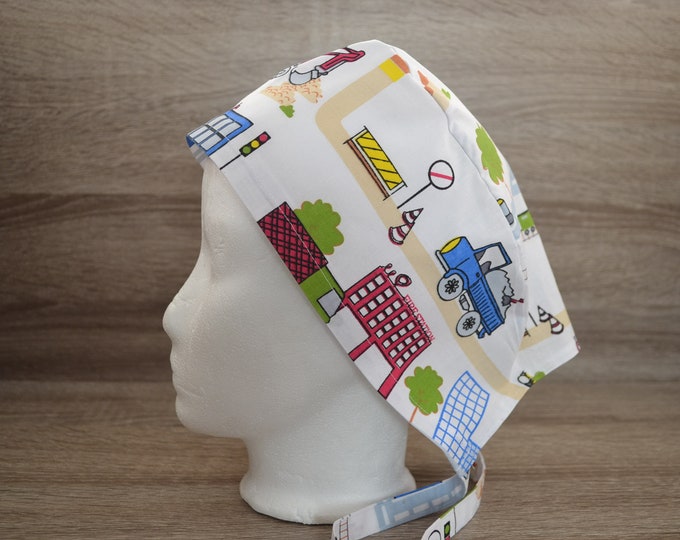 Surgical hood truck with terry cloth band, surgical hood car, scrub cap, bandana, cosmetic hood, chef's hood, peeling hood, white with cars, handmade