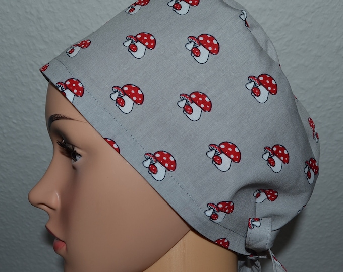 Surgical cap fly agaric terry band, scrub cap, bandana, cosmetic cap, peeling cap, surgical caps, chef's hat, gray with lucky mushroom, handmade