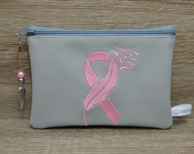 Kosmetiktäschchen mit Brustkrebsschleife, Pink Ribbon, graues Kunstleder, Kosmetiktasche, rosa Schleife Tasche, Geldtasche, Balletttasche,