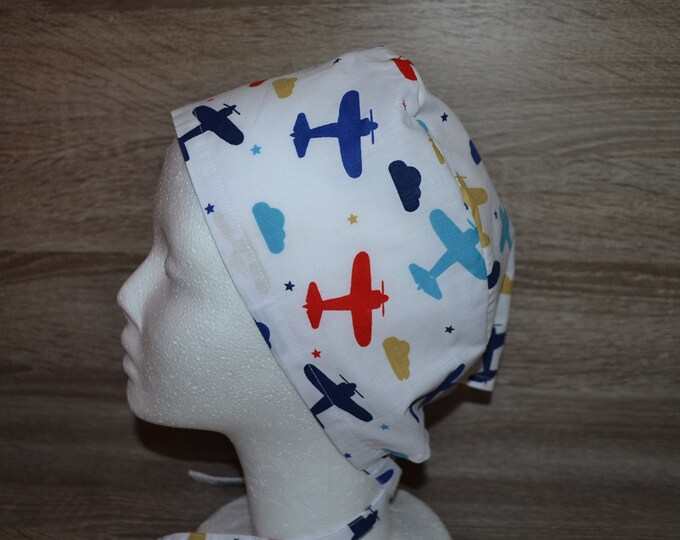 Surgical cap plane with terry cloth band, scrub cap, bandana, peeling cap, chef's cap, cosmetic cap, surgical caps, white with planes, handmade