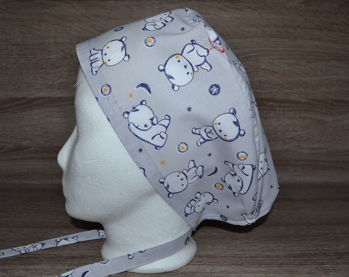 Surgical cap bear, scrub cap, bandana, peeling cap, cosmetic cap, chef's hat, surgical caps, gray with bears, handmade