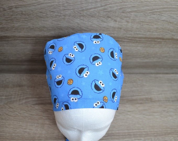 Surgical caps, scrub cap, bandana, peeling hood, cosmetic hood, blue with small monsters, handmade