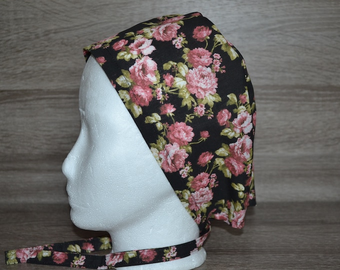 Surgical cap rose with terry cloth band, scrub cap, chef's cap, bandana, peeling cap, cosmetic cap, surgical caps, black with roses, handmade