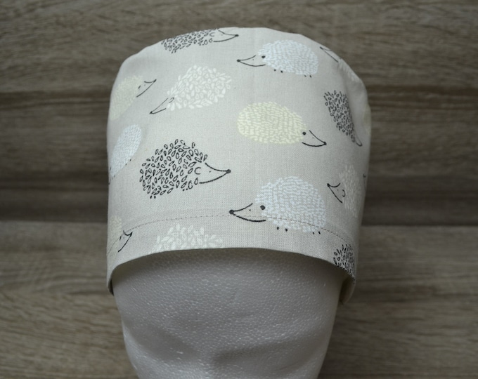 Surgical hood hedgehog with terry cloth strap, scrub cap, bandana, peeling cap, cooking hood, grey with hedgehogs, handmade
