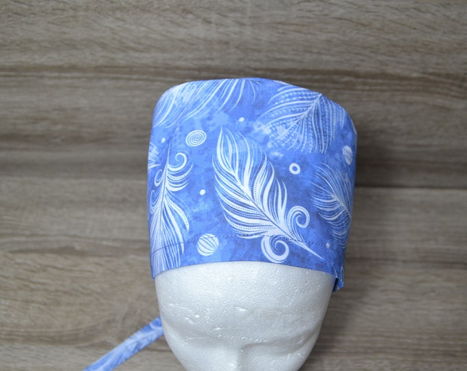 Surgical cap feather, scrub cap, bandana, peeling cap, cosmetic cap, chef's hat, feather cap, blue with white feathers, handmade