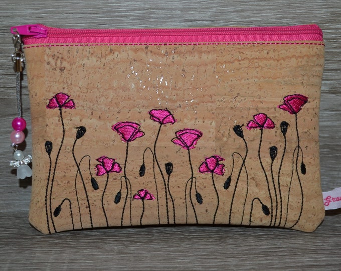 Cosmetic bag made of cork with poppies, cosmetic bag, make-up bag, odds and ends bag, medication bag, emergency bag