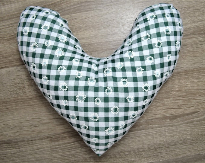 Heart pillow, breast heart pillow, mastectomy pillow, forearm pillow, breast surgery pillow, green white checked with daisies, handmade