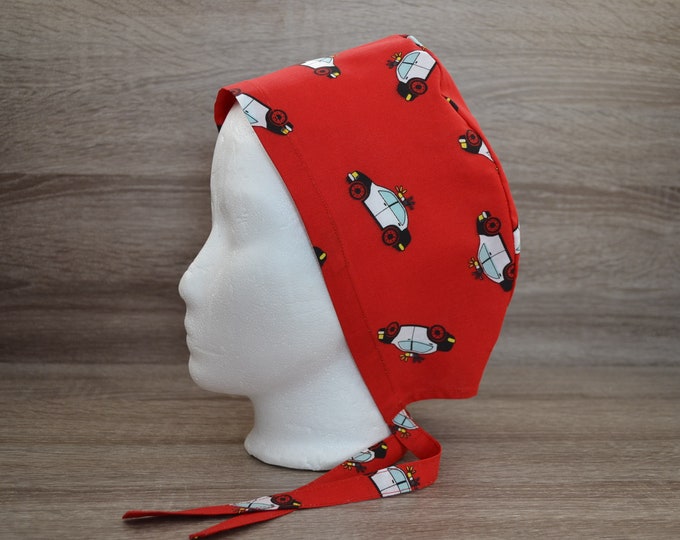 Surgical cap police terry cloth band, scrub cap, chef's cap, bandana, peeling cap, cosmetic cap, surgical caps, red with cars, handmade