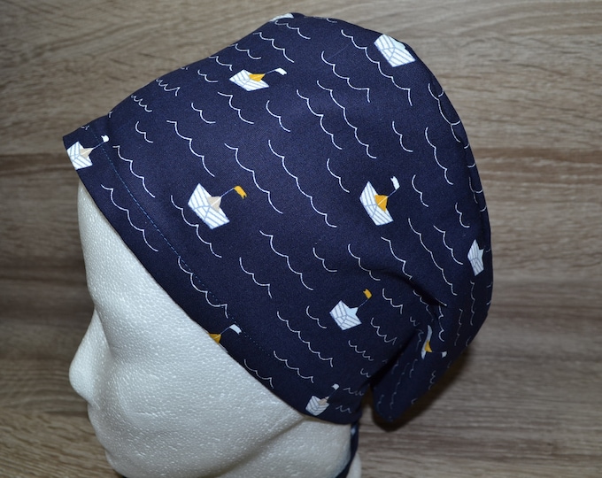 Surgical cap ship terry cloth band, scrub cap, cosmetic cap, chef's cap, bandana, peeling cap, surgical caps, blue with boats maitim, handmade