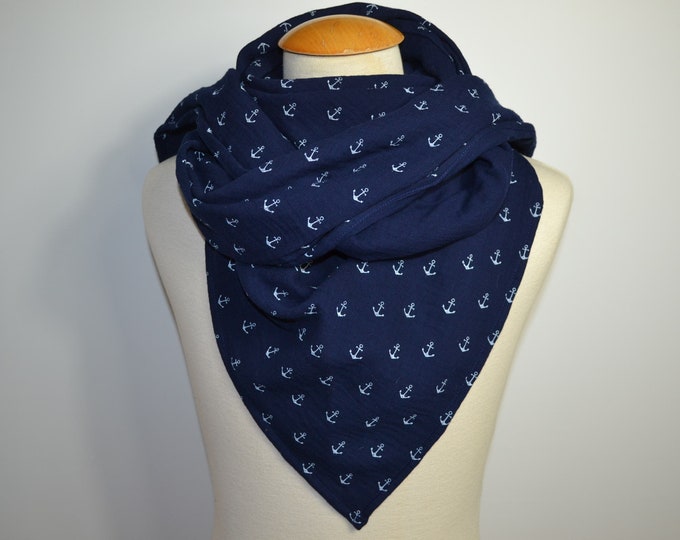 Triangular scarf XXL Mousselin dark blue with white anchors, scarf XXL, giant scarf XXL, cotton cloth, Mother's Day, scarf triangular, handmade