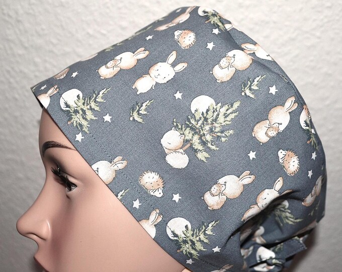 Surgical cap rabbit terry cloth band, scrub cap, bandana, cosmetic cap, chef's hat, grey with rabbit and hedgehog, surgical caps Christmas, winter forest
