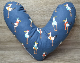 Heart pillow, chest heart pillow, mastectomy pillow, forearm pillow, breast surgery pillow, blue with funny seagulls, handmade
