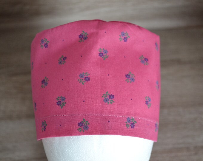 Surgical cap flowers, scrub cap, bandana, peeling cap, cosmetic cap, pink with flowers, traditional fabric pink, chef's hat, handmade