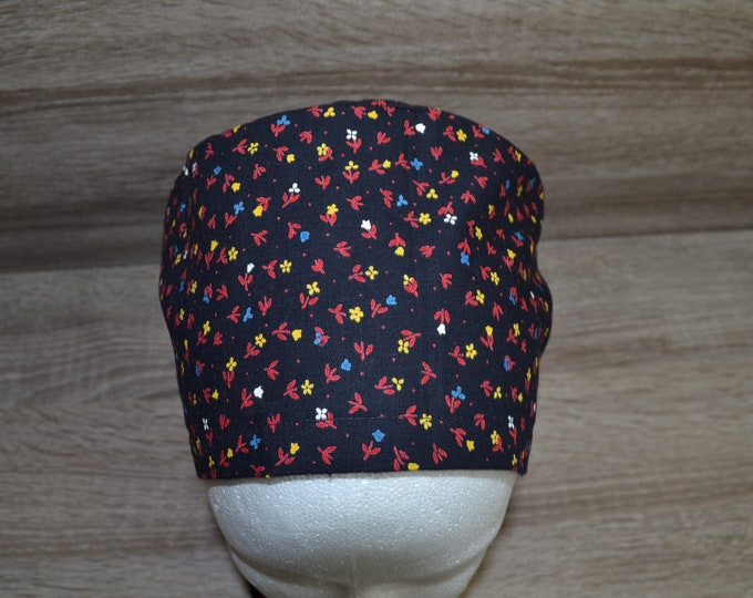 Surgical cap dots with terry cloth band, scrub cap, bandana, peeling cap, chef's cap, cosmetic cap, surgical caps, black with dots, handmade