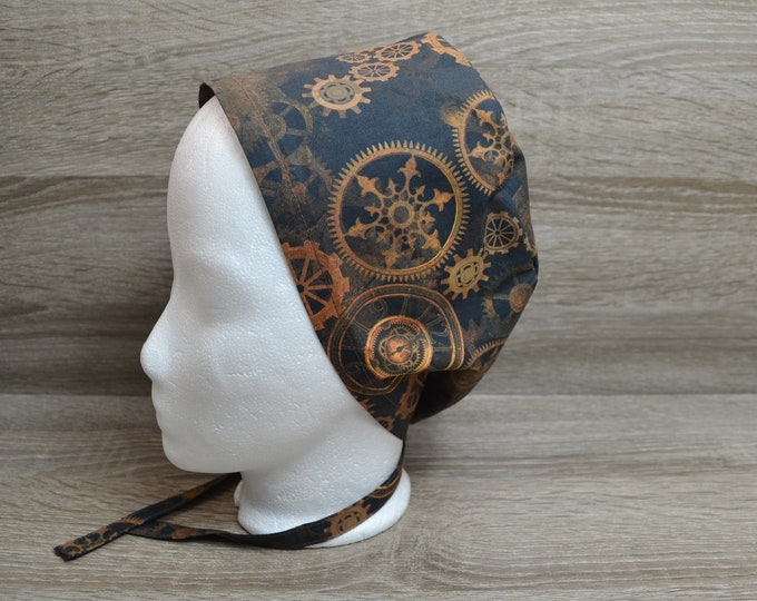 Surgical cap steampunk, scrub cap, bandana, cosmetic cap, chef's hat, peeling cap, surgical caps, brown with gear, handmade