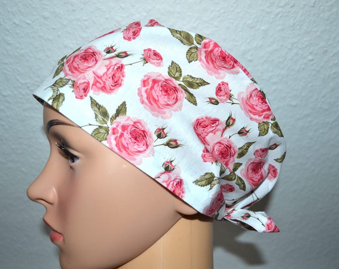 Surgical cap rose with terry cloth band, scrub cap, chef's cap, bandana, peeling cap, cosmetic cap, surgical cap, white with roses, handmade