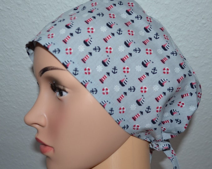 Surgical cap anchor terry cloth band, scrub cap, cosmetic cap, cooking cap, bandana, peeling cap, surgical caps, blue with anchors maritime, handmade