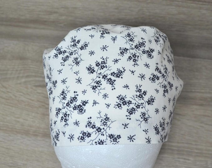 Surgical cap flowers with terry cloth band, scrub cap, bandana, cosmetic cap, chef's cap, cap with sweatband, white with blue flowers, handmade