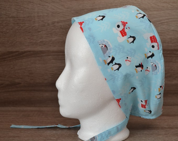 Surgical cap penguin, scrub cap, bandana, peeling cap, cosmetic cap, chef's hat, surgical caps, blue with penguin polar bear, handmade