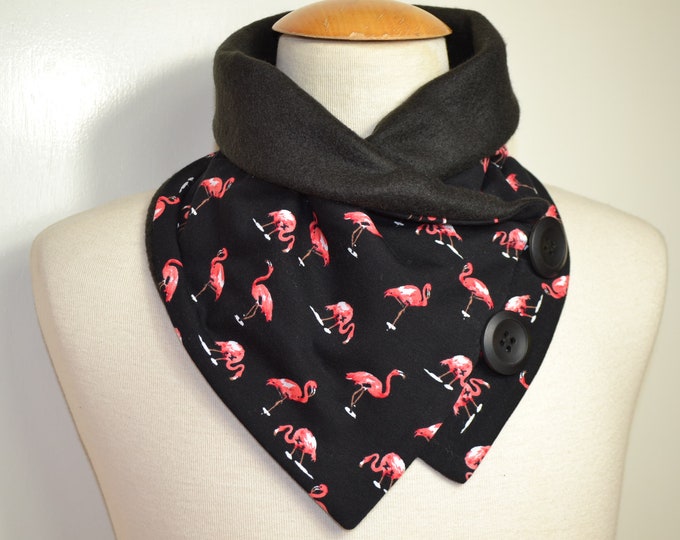 Button loop flamingo, button loops, loops, scarf, cotton jersey and black fleece, flamingo loop, wrap scarf, wrap loop, loop, handmade