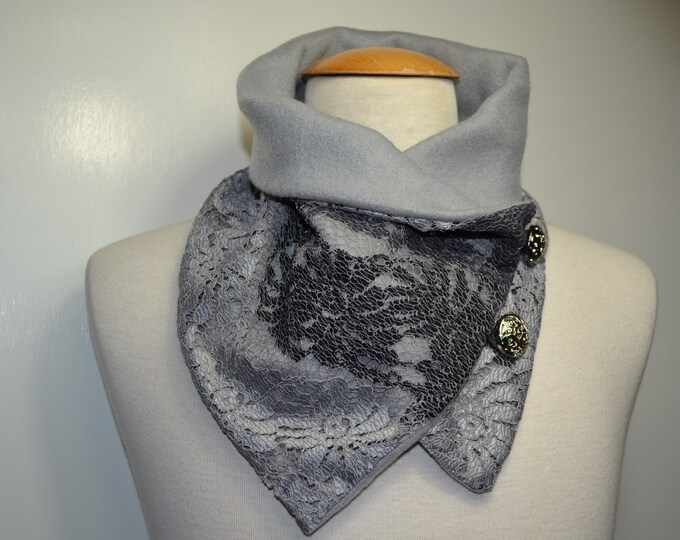 Button loop lace, button loops, loops, scarf, lace fabric gray and gray fleece, lace loop, wrap scarf, wrap loop, handmade