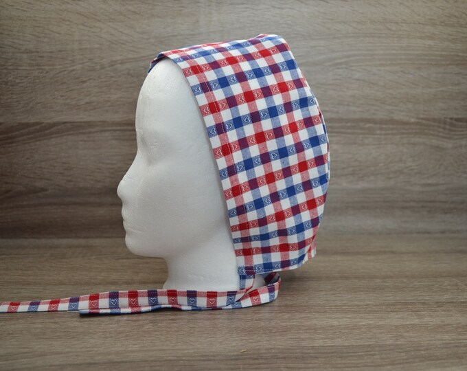 Surgical cap checked terry cloth band, scrub cap, chef's cap, bandana, peeling cap, cosmetic cap, surgical caps, white blue red checked, handmade