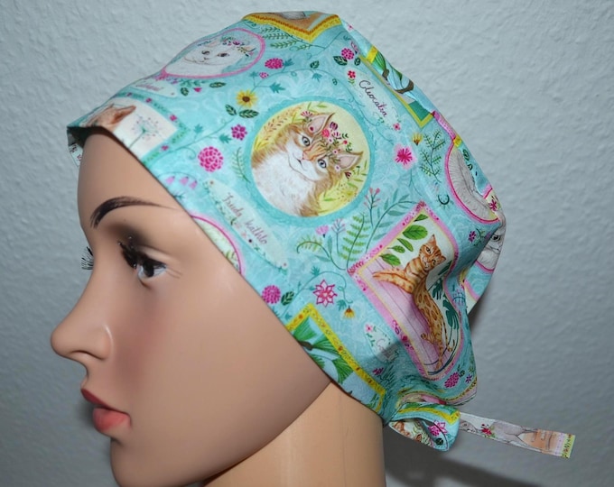 Cat surgical cap, scrub cap, bandana, cosmetic cap, chef's hat, peeling cap, cat surgical caps, turquoise cat surgical cap, cat cap