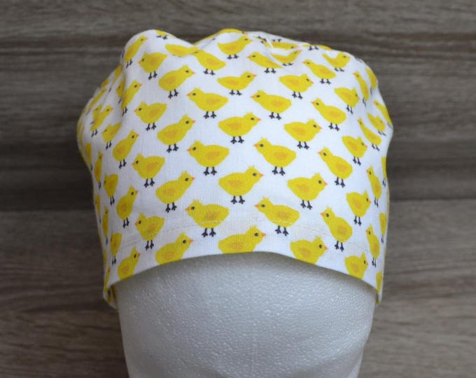 Surgical cap chick with terry cloth band, scrub cap, cosmetic cap, cooking cap, bandana, peeling cap, surgical caps, white with chick, handmade